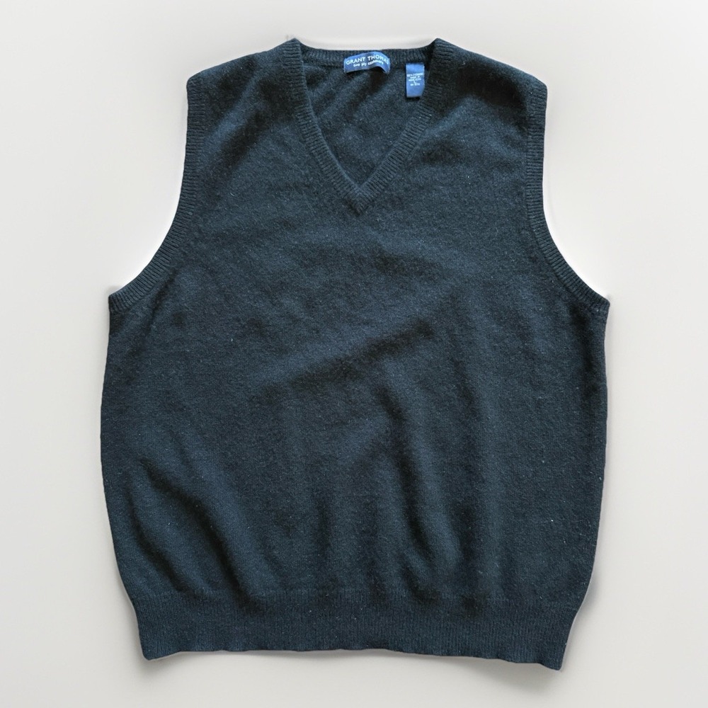 Grant Thomas Cashmere Sweater Vest Men's L Black Two Ply V-Neck